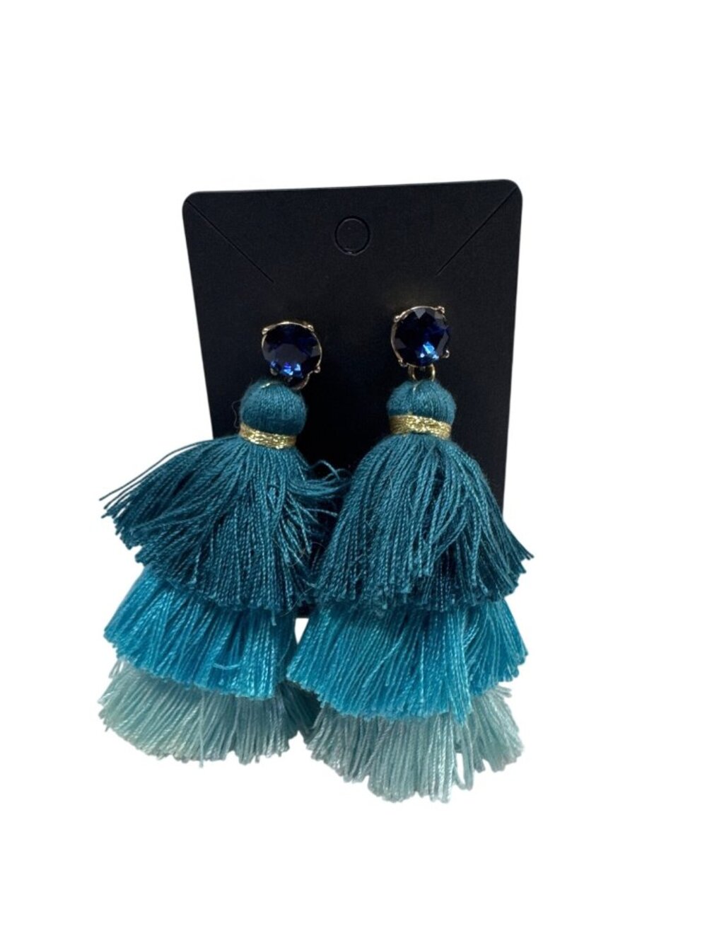 Blue Tassel Earrings With Gold Accents & Round Crystal Studs New Elegant Boho